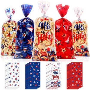 100pcs patriotic decorations 4th of july party cellophane treat bags,red blue stars plastic goodie bags candy favor bags with silver twist ties for american patriotic day veterans day party supplies