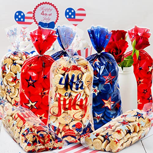 100Pcs Patriotic Decorations 4th of July Party Cellophane Treat Bags,Red Blue Stars Plastic Goodie Bags Candy Favor Bags with Silver Twist Ties for American Patriotic Day Veterans Day Party Supplies