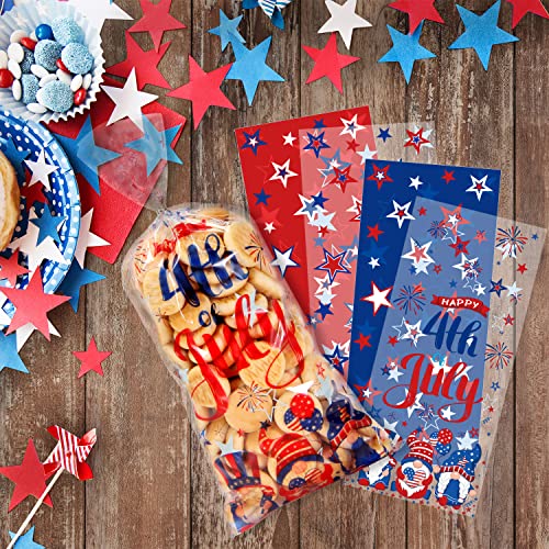 100Pcs Patriotic Decorations 4th of July Party Cellophane Treat Bags,Red Blue Stars Plastic Goodie Bags Candy Favor Bags with Silver Twist Ties for American Patriotic Day Veterans Day Party Supplies