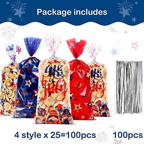 100Pcs Patriotic Decorations 4th of July Party Cellophane Treat Bags,Red Blue Stars Plastic Goodie Bags Candy Favor Bags with Silver Twist Ties for American Patriotic Day Veterans Day Party Supplies