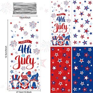 100Pcs Patriotic Decorations 4th of July Party Cellophane Treat Bags,Red Blue Stars Plastic Goodie Bags Candy Favor Bags with Silver Twist Ties for American Patriotic Day Veterans Day Party Supplies