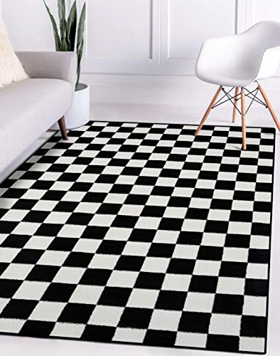 Luxe Weavers Modern Checkered Area Rug Black 8x10 Stain Resistant Carpet for Living Room