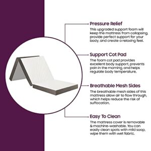 Mayton 4-Inch Portable Tri-Folding Capability Gel Memory Foam Mattress | Breathable Mesh Sides, Ultra Soft, Removable and Washable Cover, Comfortable Support, Cot Pad, Standard Size, 25-Inch, White