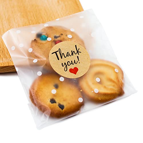 JESTAR 200 PCS Self Adhesive Cookie Bags Christmas Treat Bags, 3.94"x 3.94" Cellophane Bags Individual Cookie Bags with Thank You Stickers White Polka Dot Bags for Party Favors Gift Giving Candy