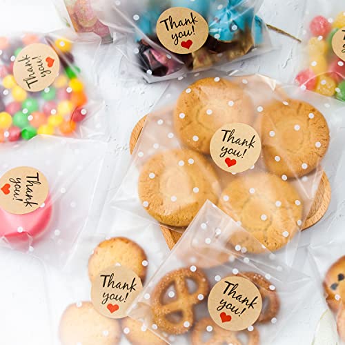 JESTAR 200 PCS Self Adhesive Cookie Bags Christmas Treat Bags, 3.94"x 3.94" Cellophane Bags Individual Cookie Bags with Thank You Stickers White Polka Dot Bags for Party Favors Gift Giving Candy