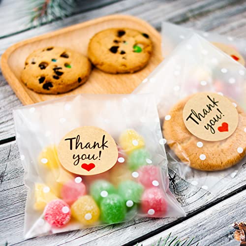 JESTAR 200 PCS Self Adhesive Cookie Bags Christmas Treat Bags, 3.94"x 3.94" Cellophane Bags Individual Cookie Bags with Thank You Stickers White Polka Dot Bags for Party Favors Gift Giving Candy