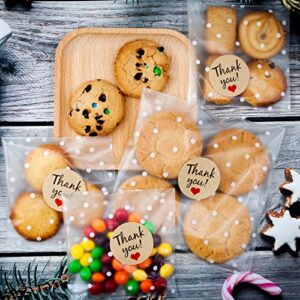 JESTAR 200 PCS Self Adhesive Cookie Bags Christmas Treat Bags, 3.94"x 3.94" Cellophane Bags Individual Cookie Bags with Thank You Stickers White Polka Dot Bags for Party Favors Gift Giving Candy