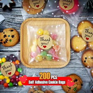 JESTAR 200 PCS Self Adhesive Cookie Bags Christmas Treat Bags, 3.94"x 3.94" Cellophane Bags Individual Cookie Bags with Thank You Stickers White Polka Dot Bags for Party Favors Gift Giving Candy