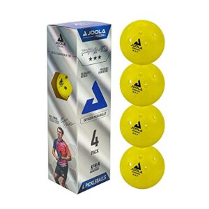 joola primo pickleball balls - 4 pack of 3 star tournament indoor and outdoor pickleball balls - usapa approved - ideally weighted and precision crafted 40 hole design pickleball official size