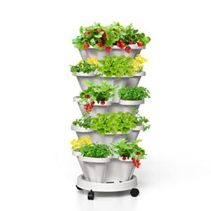 tectsia strawberry vertical planters, 5 tiered stacking tower garden, stackable herb vegetable planters with movable casters and bottom saucer indoor and outdoor - white
