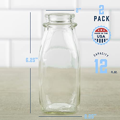 Kitchentoolz 12 Oz Square Glass Milk Jugs with Caps - Perfect Milk Container for Refrigerator - 12 Ounce Glass Milk Bottle with Tamper Proof Lid and Pour Spout - Pack of 2