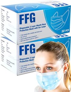100 pcs (2-box) 3-ply blue disposable safety earloop face masks for adults,high ventilation 3-layer(1xmelt-blown,2xnon-woven,single general use at home/office/school