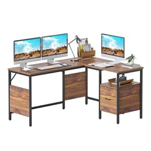 cubicubi l shaped desk with shelves, 59.1 inch corner computer desk, home office gaming writing workstation with large non-woven drawer, deep brown