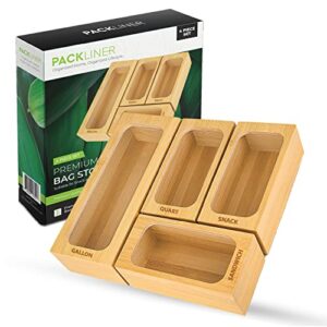 packliner - bamboo plastic bag organizer boxes for kitchen drawers, 4 pcs set ziploc organizer gallon, quart, sandwich, and snack plastic bags, space-saving box design - sandwich bag storage organizer