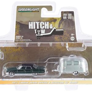 1972 Sedan DeVille Brewster Green Met. w/Black Top & Airstream 16’ Bambi Travel Trailer Hitch & Tow 1/64 Diecast Model Car by Greenlight 32240 A