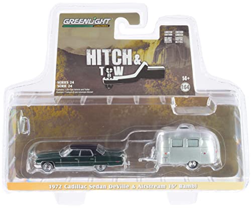 1972 Sedan DeVille Brewster Green Met. w/Black Top & Airstream 16’ Bambi Travel Trailer Hitch & Tow 1/64 Diecast Model Car by Greenlight 32240 A