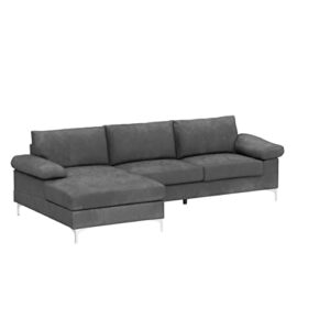 Casa Andrea Milano Modern Large Velvet Fabric Sectional Sofa, L-Shape Couch with Extra Wide Chaise Lounge, Silver