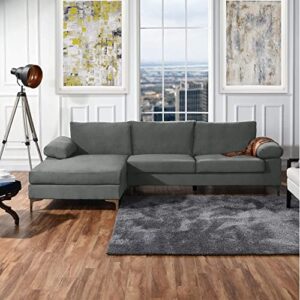 Casa Andrea Milano Modern Large Velvet Fabric Sectional Sofa, L-Shape Couch with Extra Wide Chaise Lounge, Silver