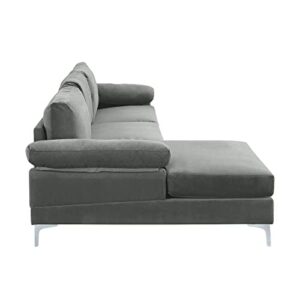 Casa Andrea Milano Modern Large Velvet Fabric Sectional Sofa, L-Shape Couch with Extra Wide Chaise Lounge, Silver