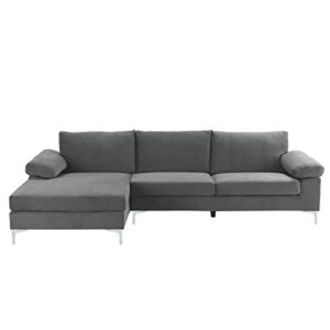 Casa Andrea Milano Modern Large Velvet Fabric Sectional Sofa, L-Shape Couch with Extra Wide Chaise Lounge, Silver