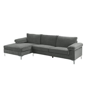 Casa Andrea Milano Modern Large Velvet Fabric Sectional Sofa, L-Shape Couch with Extra Wide Chaise Lounge, Silver