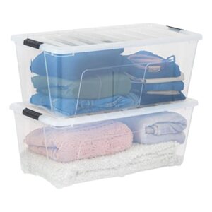 iris usa 84 quart stackable plastic storage bins with lids and latching buckles, 2 pack - clear, containers with lids and latches, durable nestable closet, garage, totes, tub boxes organizing