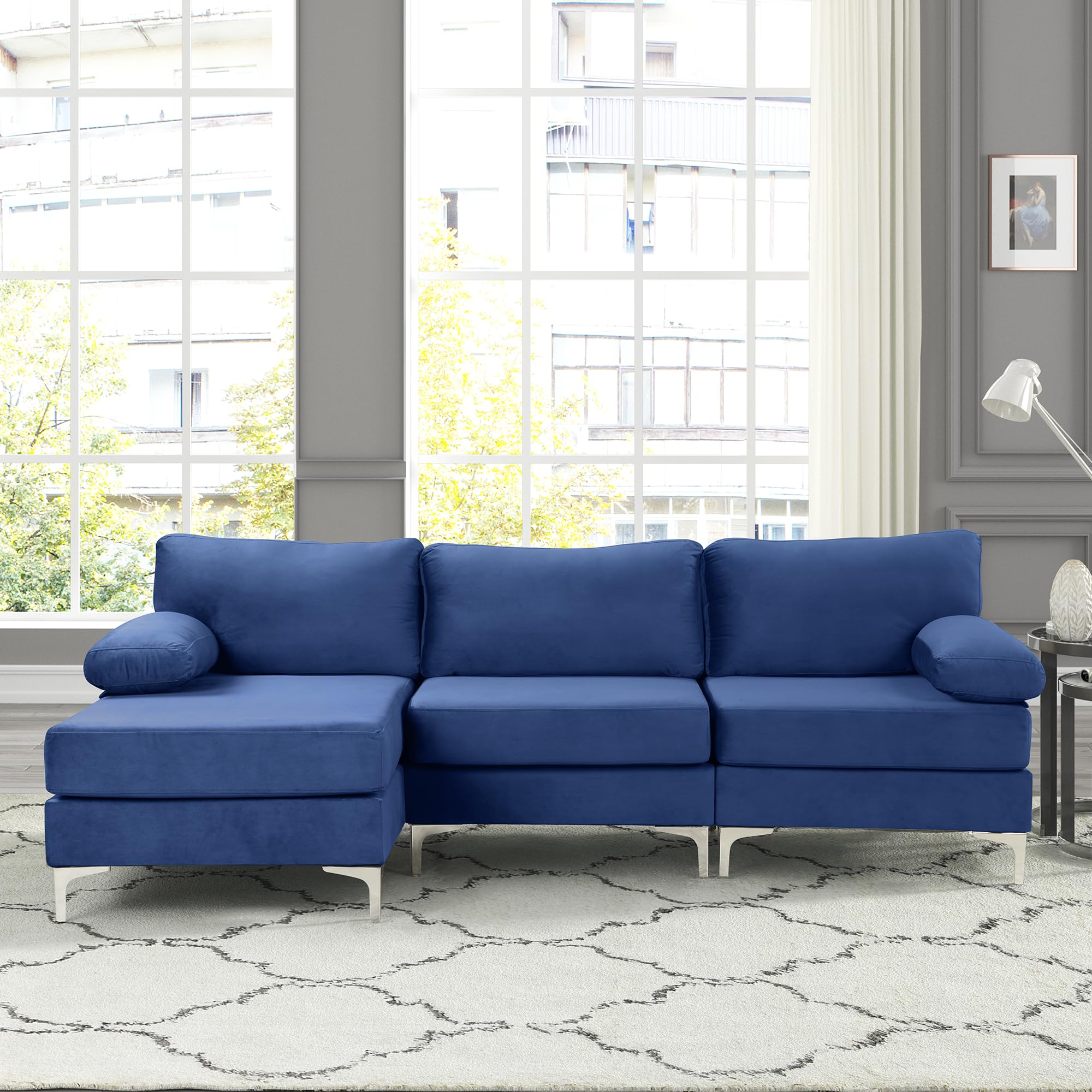 Casa Andrea Milano Modern Velvet Fabric Sectional Sofa, L-Shape Couch with Extra Wide Chaise Lounge