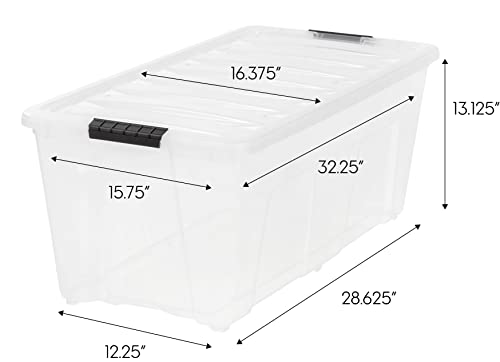 IRIS USA 84 Quart Stackable Plastic Storage Bins with Lids and Latching Buckles, 2 Pack - Clear, Containers with Lids and Latches, Durable Nestable Closet, Garage, Totes, Tub Boxes Organizing