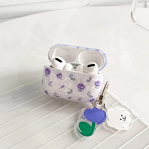 Minscose Airpod Pro Clear Case with Keychain , Cute Fashion Purple Small Flower Soft TPU Smooth Shockproof Compatible with Airpods Pro Charging Case for Girls Kids Women