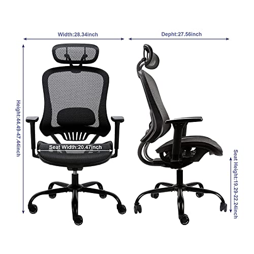 Mysuntown Ergonomic Office Chair, Ergo Mesh Desk Chair High Back Rolling Computer Desk Chair, Adjustable Headrest and Sponge Lumbar Support with 3D Armrests-Home Gaming Chair