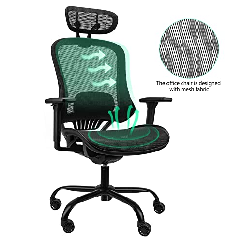 Mysuntown Ergonomic Office Chair, Ergo Mesh Desk Chair High Back Rolling Computer Desk Chair, Adjustable Headrest and Sponge Lumbar Support with 3D Armrests-Home Gaming Chair