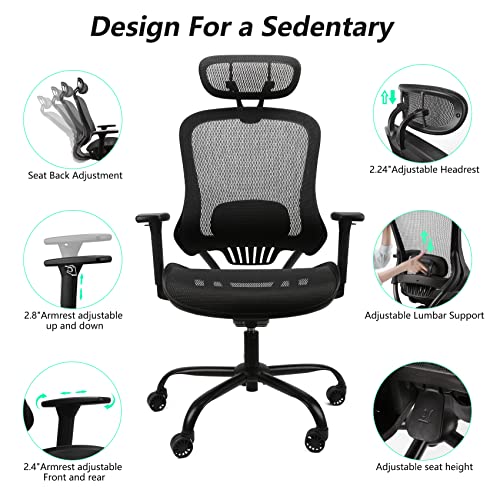 Mysuntown Ergonomic Office Chair, Ergo Mesh Desk Chair High Back Rolling Computer Desk Chair, Adjustable Headrest and Sponge Lumbar Support with 3D Armrests-Home Gaming Chair