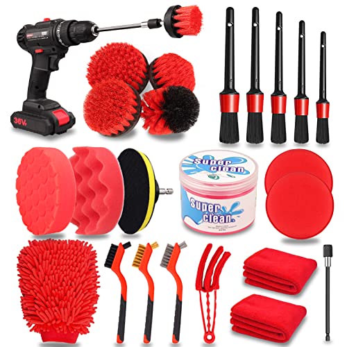 24PCS Car Detailing Brush Set, Car Detailing & Wash kit, Auto Detailing Drill Brush Set, Car Detailing Brushes with Cleaning Gel, Car Accessories for Women,Car Cleaning Tools Kit for Interior,Exterior