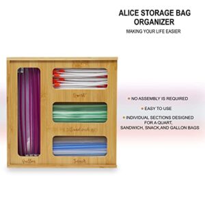 Alice Ziplock Bag Organizer | Nature Bamboo Baggie Holder | Compatible with Gallon, Quart, Sandwich, Snack, and Variety Size Food Bag | Bag Storage Organizer for Kitchen Drawer