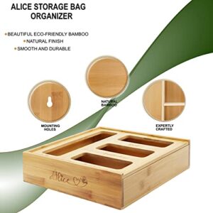 Alice Ziplock Bag Organizer | Nature Bamboo Baggie Holder | Compatible with Gallon, Quart, Sandwich, Snack, and Variety Size Food Bag | Bag Storage Organizer for Kitchen Drawer