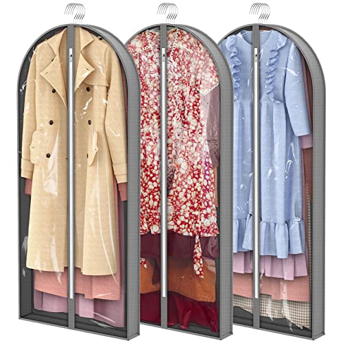 60" Long Garment Bags, Clear Plastic Clothes Covers with 4" Gussetes for Hanging Clothes Closet Storage, Breathable Protector for Dress Gowns, Suit, Coats, Sweater, Down Jacket, 3 Packs