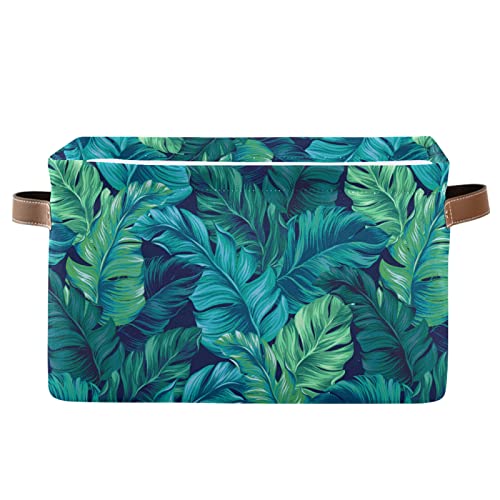 Large Storage Basket Turquoise Tropical Leaves Green Foldable Storage Box Organizer Bins with Handles for Bedroom Home Office