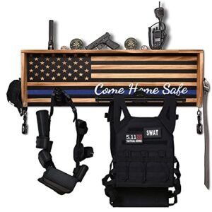 pinkblue personalized customization wall mounted tactical duty gear rack with police flag – police storage shelf & law enforcement organizer-police gift decor (wood color)