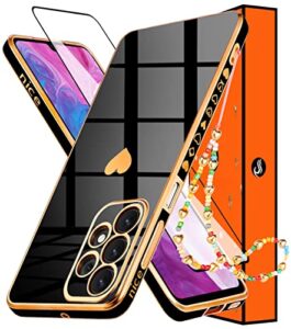 shorogyt heart case for samsung galaxy a32 5g (not fit 4g) 6.5 inch women cute aesthetic love hearts pattern girls black gold luxury girly design cases trendy cover+screen+chain for a32 5g 6.5”(3in1)
