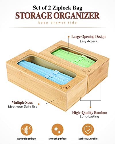 Set of 2 Ziplock Bag Storage Organizer, Bamboo Kitchen Food Bags Holder,Counter Drawer Dispenser for Gallon, Quart, Sandwich & Snack Variety Size Bag