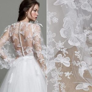 51" width 3d vivid butterfly lace fabric exquisite flower embroidery soft tulle lace fabric for wedding bridal lace dress party dress home decor (3 yard, white mesh+white butterfly)