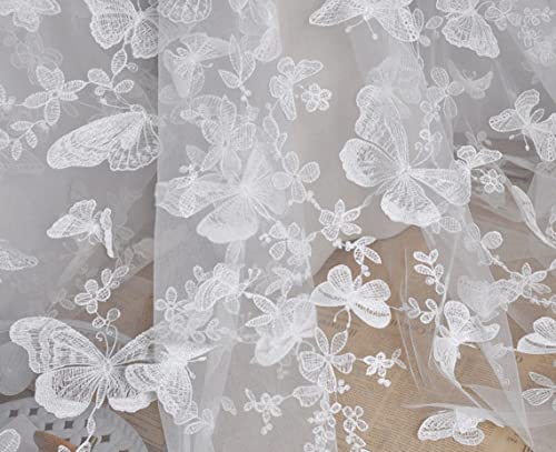 51" Width 3D Vivid Butterfly Lace Fabric Exquisite Flower Embroidery Soft Tulle Lace Fabric for Wedding Bridal Lace Dress Party Dress Home Decor (3 Yard, White Mesh+White Butterfly)