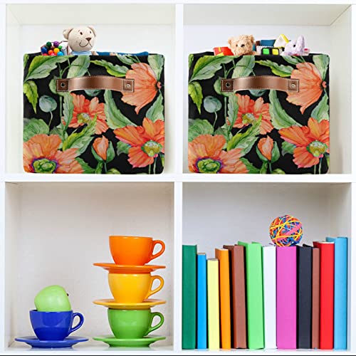 Large Foldable Storage Basket Red Poppy Flowers Black Storage Bin Canvas Toys Box Fabric Decorative Collapsible Organizer Bag with Handles for Bedroom Home