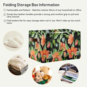 Large Foldable Storage Basket Red Poppy Flowers Black Storage Bin Canvas Toys Box Fabric Decorative Collapsible Organizer Bag with Handles for Bedroom Home