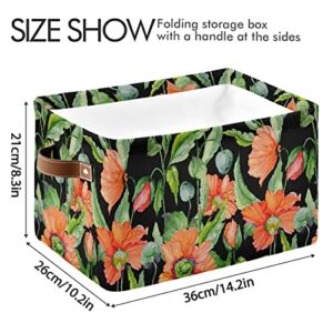 Large Foldable Storage Basket Red Poppy Flowers Black Storage Bin Canvas Toys Box Fabric Decorative Collapsible Organizer Bag with Handles for Bedroom Home