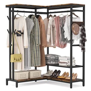 tribesigns corner clothes rack, l shape garment rack with double rod and shelves, freestanding closet organizer hanging clothing rack wardrobe storage closet for bedroom, rustic brown