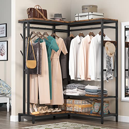 Tribesigns Corner Clothes Rack, L Shape Garment Rack with Double Rod and Shelves, Freestanding Closet Organizer Hanging Clothing Rack Wardrobe Storage Closet for Bedroom, Rustic Brown