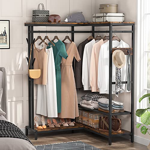 Tribesigns Corner Clothes Rack, L Shape Garment Rack with Double Rod and Shelves, Freestanding Closet Organizer Hanging Clothing Rack Wardrobe Storage Closet for Bedroom, Rustic Brown