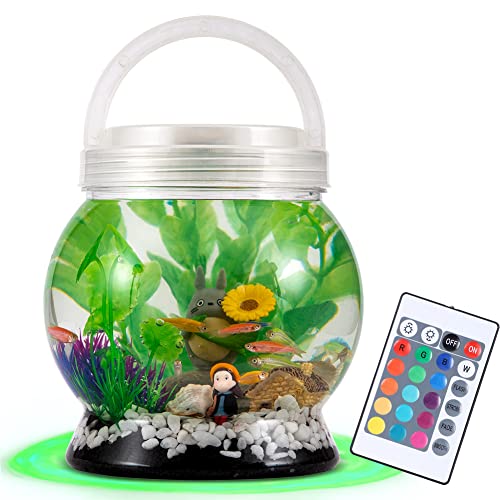 LA KEN DU,Small Betta Tetra Fish Tank Decorations Set-Aquarium with 20 Color LED Lighting,Fish Night Light Aquarium for Kids,0.5-Gallon,Transparent