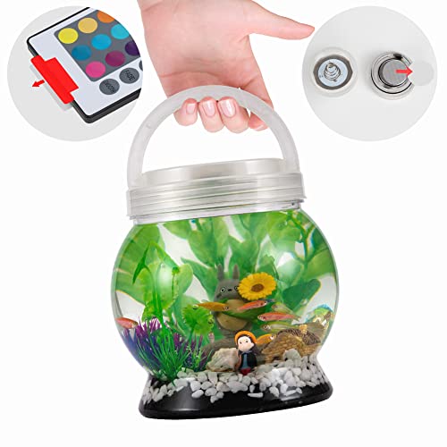 LA KEN DU,Small Betta Tetra Fish Tank Decorations Set-Aquarium with 20 Color LED Lighting,Fish Night Light Aquarium for Kids,0.5-Gallon,Transparent